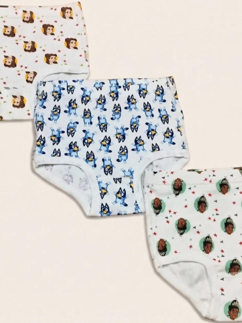 Disney Princess & Bluey Girls Briefs 3-Pack Size S - Belle, Tiana & Bluey Prints